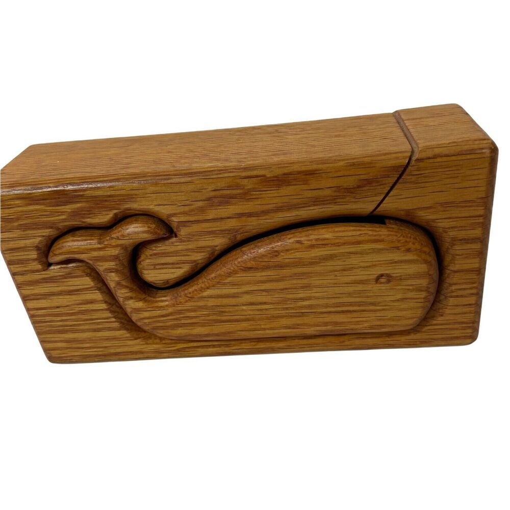 Trinket Puzzle Box Whale Shaped Handcrafted Brown Hidden Compartment Wooden